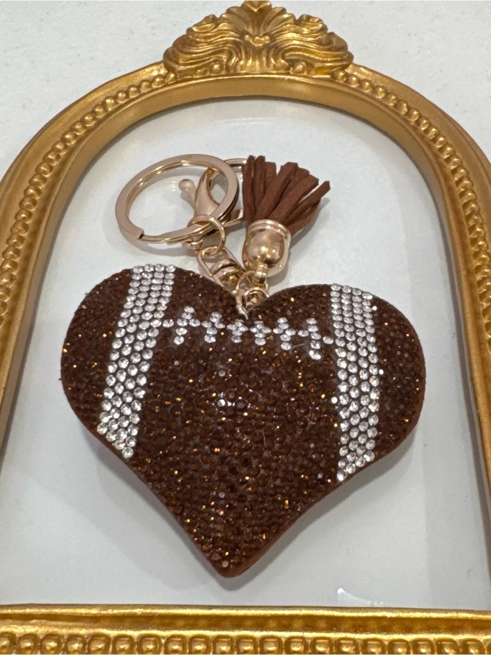 New Crystal Football Heart Keychain with Brown Tassel